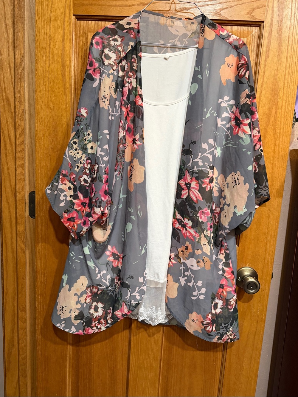Floral Open Front Kimono Jacket - Gray with Pink & Peach Flowers